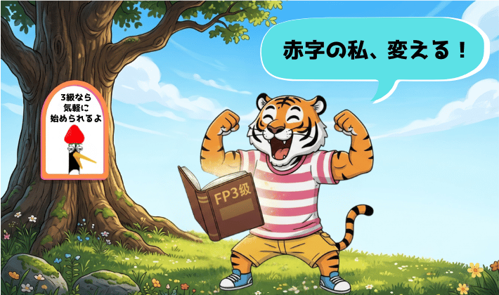 赤字の家計を変えるために、FP資格にチャレンジを決意するイラスト。FP3級のテキストを前に、主婦のトラが「赤字の私、変える！」とガッツポーズで意気込んでいる。