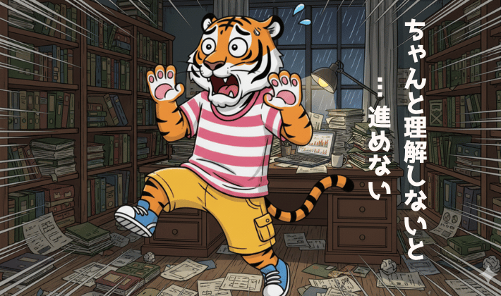 FP資格のテキストを、全部理解しないと問題を解けないと思って、後ずさりする主婦のトラ。資格勉強のつまづきやすいポイントを表したイラスト。