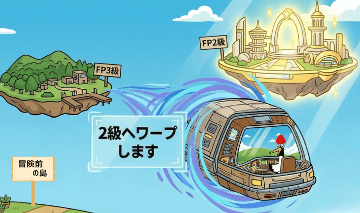 鶴が操縦する宇宙船。FP2級のワープ航路で、FP3級を飛ばして2級の島へワープするイラスト。手前には「冒険前の島」があり、FP資格を取る前、FP3級、FP2級の3つの島を対比させている。