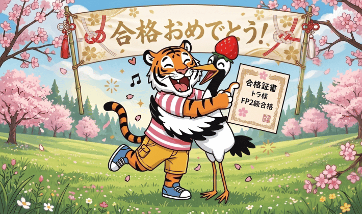 FP2級の合格証書が届いて、鶴と抱き合って喜ぶ主婦のトラ。桜が満開に咲き誇り、トラの道のりを祝福している。
