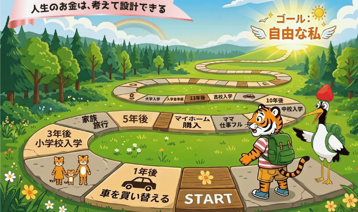 「キャッシュフロー表」をすごろくのように表したイラスト。1年後、2年後…10年後と、『いつ・何が起こるのか』が可視化できて驚いている主婦のトラ。ゴールは「自由な私」が羽を広げて輝いている。