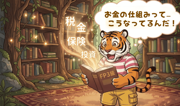 森の本屋さんでFP3級のテキストに出会ったシーン。主婦のトラが初めて見るお金の仕組みにワクワクしている。本からは「税金・保険・投資」の言葉が飛び出している。