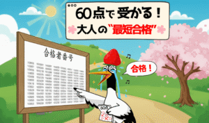 FP試験の合格掲示板の前で、自分の番号を見つけて涙ぐむ鶴。頑張った時間が報われ、合格の桜が優しく咲いている。