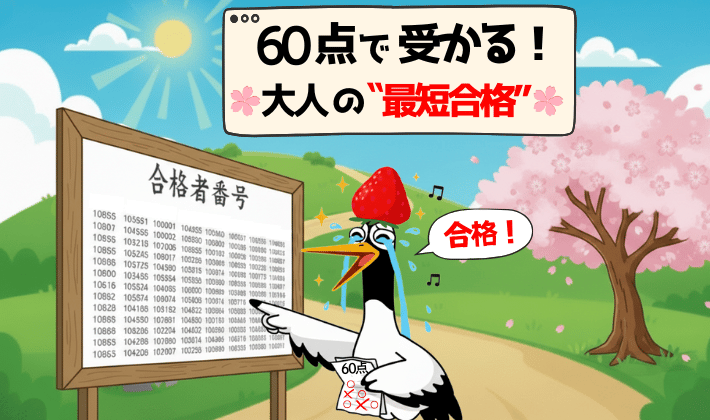 FP試験の合格掲示板の前で、自分の番号を見つけて涙ぐむ鶴。頑張った時間が報われ、合格の桜が優しく咲いている。