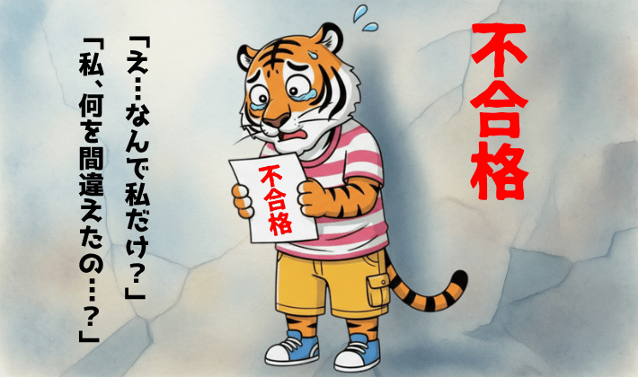 FP3級の不合格通知に落ち込む主婦のトラ。「友達は受かったのになんで私だけ落ちたの？」と、不合格通知を握りしめて涙ぐんでいる。