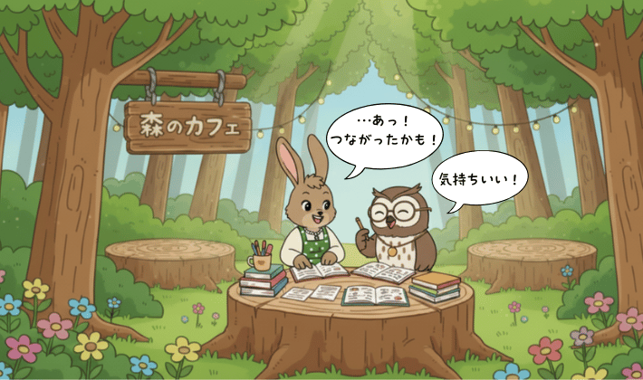 FP2級の勉強を始めたウサギとフクロウが、森のカフェで勉強中。知識がつながって「気持ちいい!」と笑顔になるシーン。