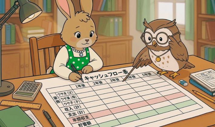 ウサギとフクロウが、人生の「キャッシュフロー表」を作成している。FP2級の勉強でお金の設計図をえがけるようになる姿。