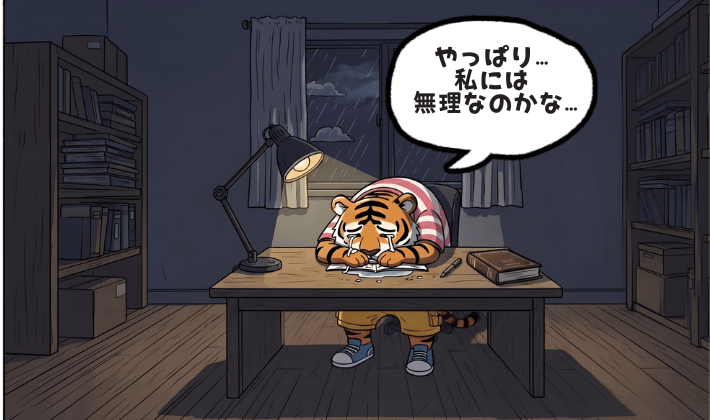 FP3級が不合格になり「私には無理なんだ」となげく主婦のトラ。机に突っ伏して泣いている。