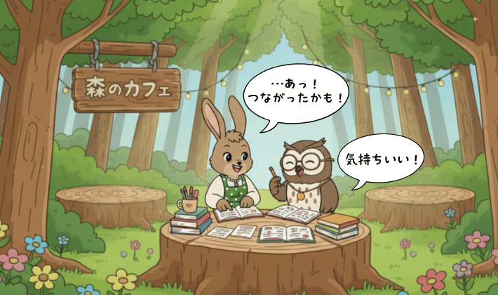 FP2級の勉強を始めた50代のウサギとフクロウが、森のカフェで勉強中。知識がつながって「気持ちいい!」と笑顔になるシーン。
