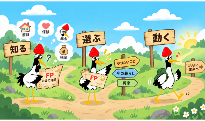 つるが、FP資格の地図を見て、お金の知識を「知る」「選ぶ」「動く」の3ステップで変化していく姿。自分に合った道を選んで、行動できるようになり、太陽が登るよりよい未来へ歩いていくシーン。