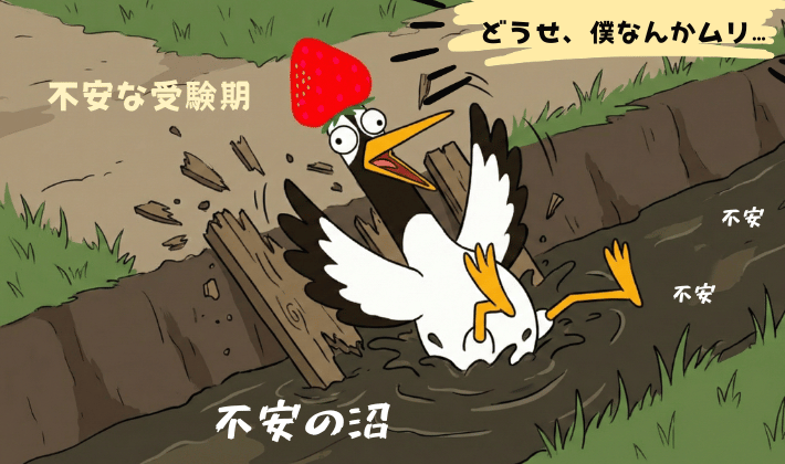 受験期に「不安の沼」でおぼれる鶴のイラスト。『どうせ、僕なんかムリ…』受験生の不安を表している。