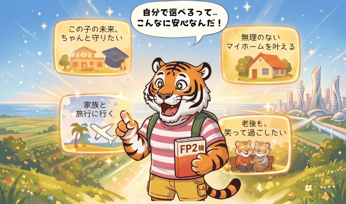 FPの知識で自分の人生を選べるようになるイラスト。主婦のトラの前に、タッチパネルの４枚のカード「マイホーム」「子どもの未来」「家族旅行」「豊かな老後」があり、トラが自分の未来を選ぶシーン。