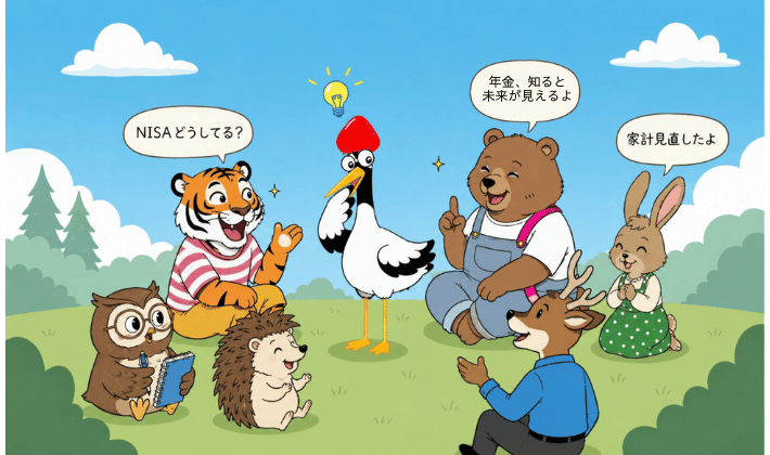 FP資格を取ってお金の知識はあるのに、投資が怖くて行動ができなかった鶴が、お金について一緒に話す仲間（トラやクマ、ウサギ達）に出会って、「僕もできるかも」と気づくシーン。