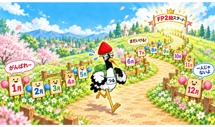 ユーキャンFP講座の12ヵ月サポートを表すイラスト。FP資格の勉強を始めたつるが走り、1月から12月までが「一人じゃないよ」と応援している。
