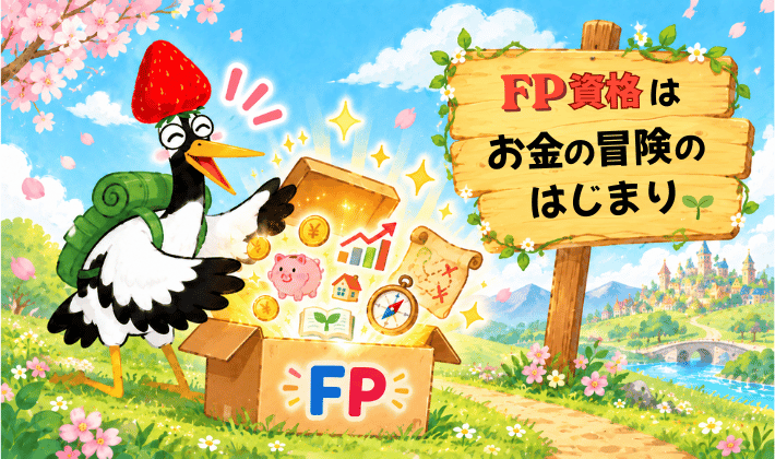 「FP資格はお金の冒険のはじまり」のメッセージを伝えるイラスト。ユーキャンのFP講座の教材の段ボールを、鶴が嬉しそうに開ける。新しい冒険が始まるシーン。