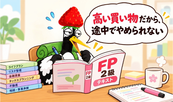 ユーキャンのFP資格講座は独学よりも高い買い物だからこそ、「途中でやめられない！」と、奮起する鶴の姿。